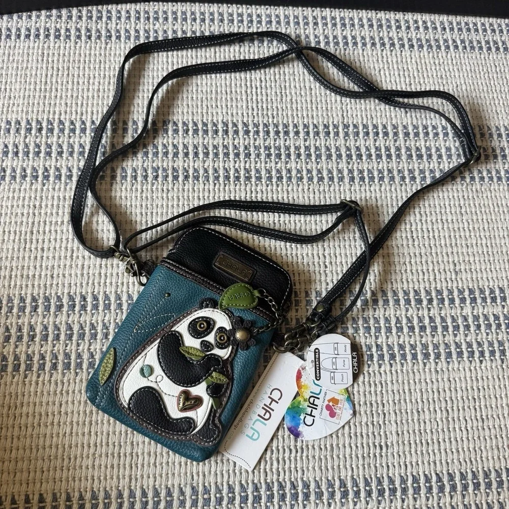 NEW CHALA TURQUOISE PANDA BAMBOO CELL PHONE CROSSBODY PURSE STRAP BLACK WHITE